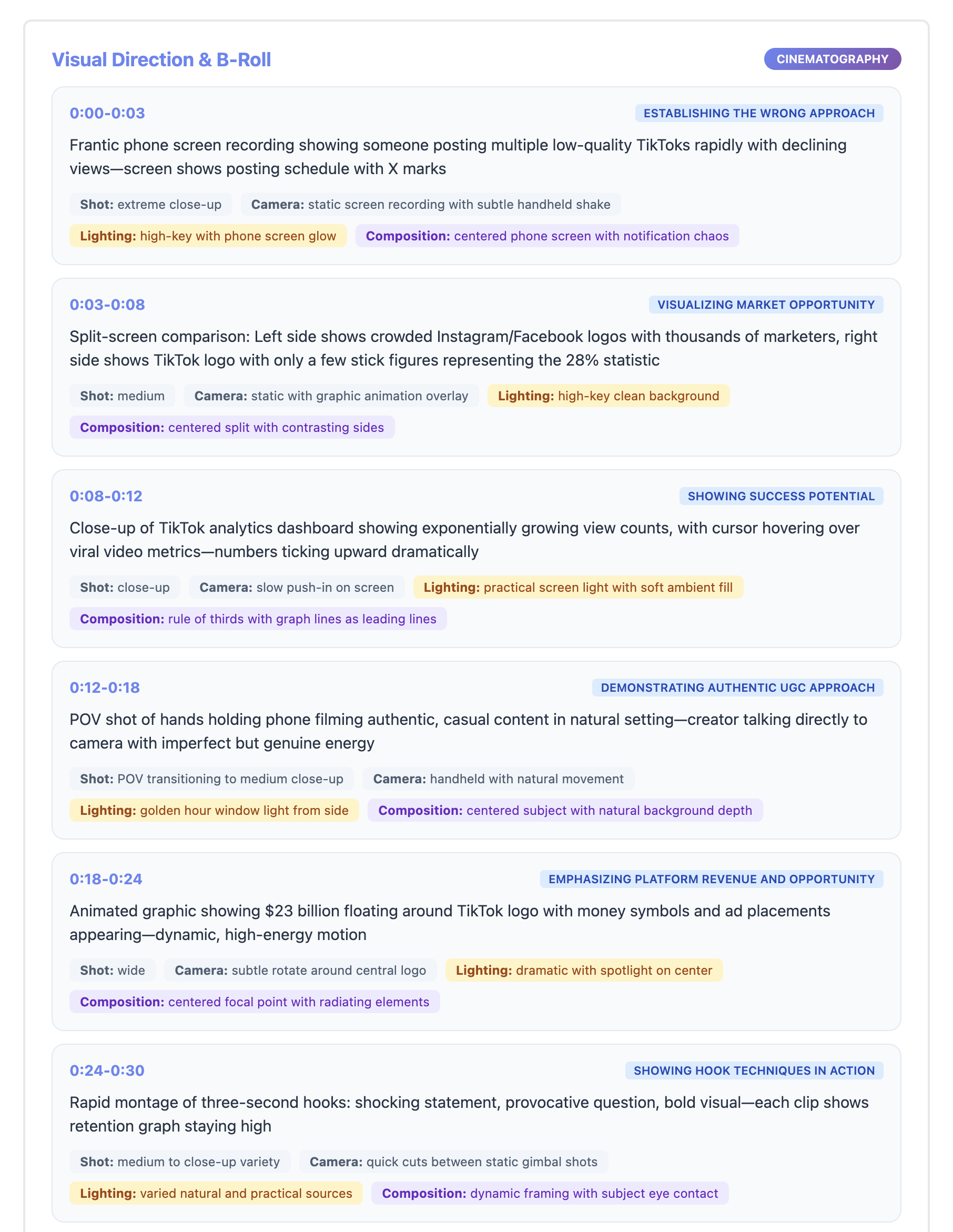 Visual Direction & B-Roll section showing detailed cinematography for each shot